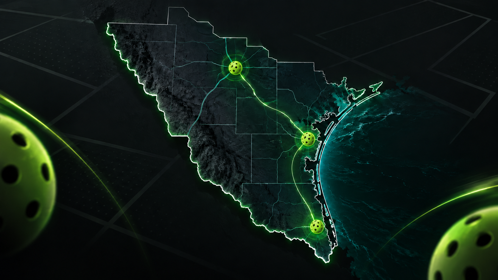 Stylized South Texas regional map connecting San Antonio, Corpus Christi and Brownsville